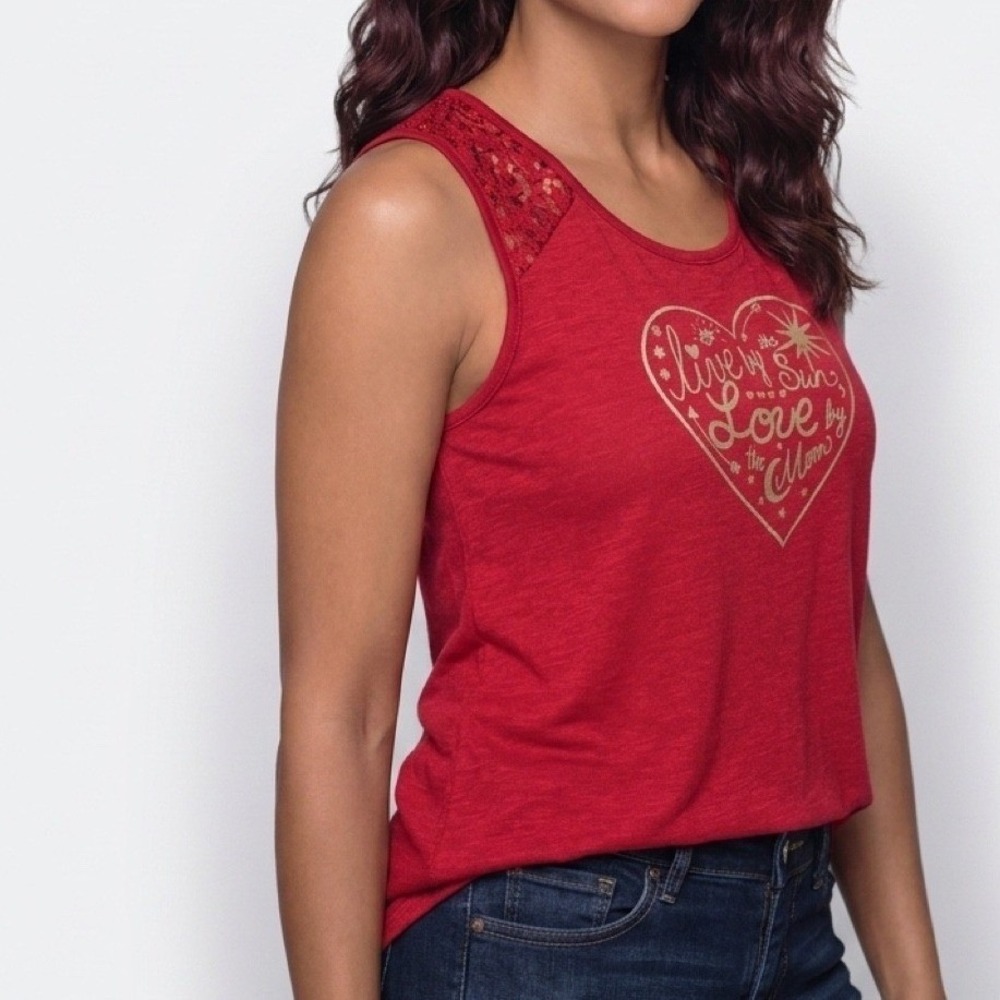 Jerry Leigh Tank Top Womens XL Red Graphic Lace Sun Moon Heart Sleeveless